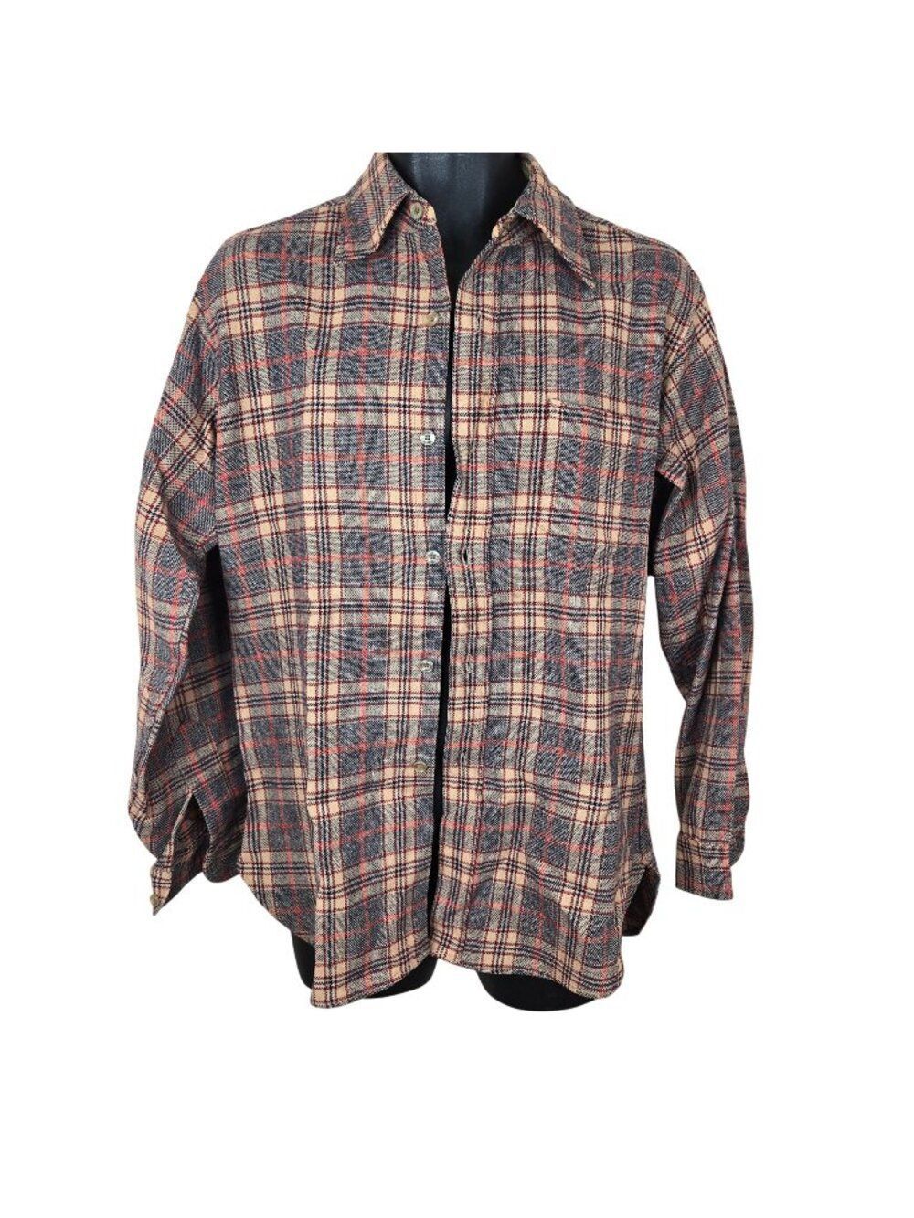 Vintage 70s Pendleton Plaid Button-Up Shirt Mens M Beige Red Wool